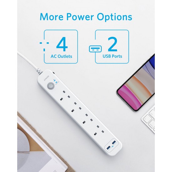 Anker Extension Lead with 1 Power Delivery 18W USB-C Port 2 PowerIQ USB Ports, and 3 AC Outlets Power Strip with USB Charging and Surge Protection for Home Office and More