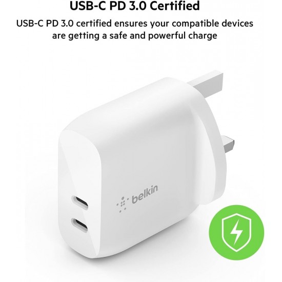 Belkin PD 40W Dual USB-C Wall Charger  20W USB-C + 20W USB-C) White