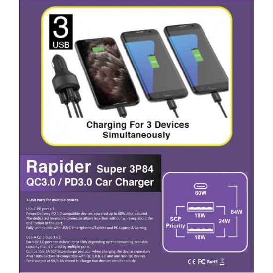 CAPDASE QC3.0 PD3.0 Car Charger UNIVERSAL QC 3.0 Car Charger RAPIDER SUPER3P84 BLK