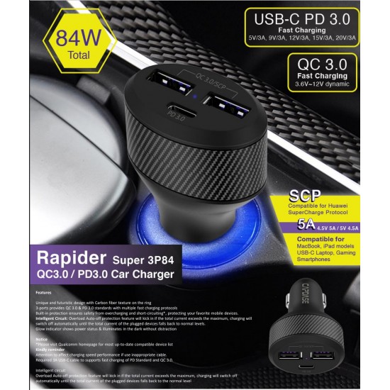 CAPDASE QC3.0 PD3.0 Car Charger UNIVERSAL QC 3.0 Car Charger RAPIDER SUPER3P84 BLK