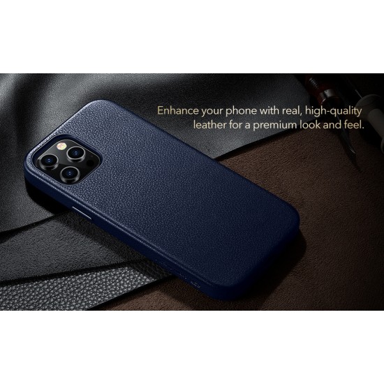كفر ايفون 12 برو ماكس جلد طبيعي اللون ازرق من شركة ايسر قير