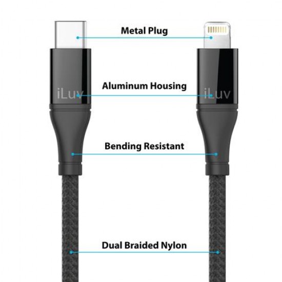 Fast Charging USB C to Lightning Cable 3ft black by iluv