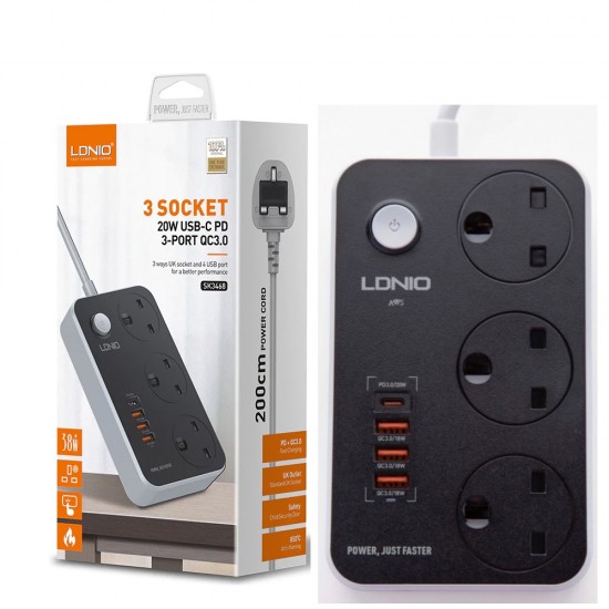 Ldnio usb-c PD withe 3 QC3.0 USB Connector Multi Hole UK Max Power Socket 2 mters 