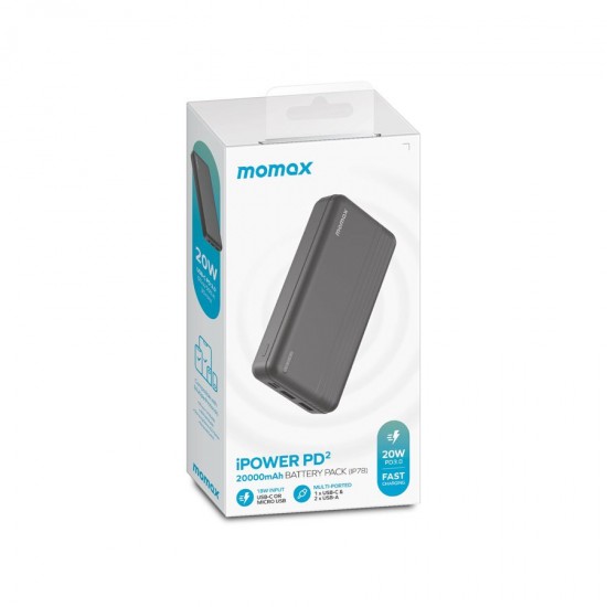  Momax Power Bank iPower with 2 USB Ports and  USB Port 20000mAh 20W For PD Port  Black