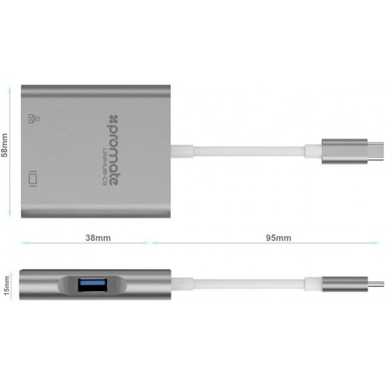  بروميت موزع USB-C 4 في 1 متعدد المنافذ من الالومنيوم مع شحن يو اس بي نوع سي، منفذ HDMI 4 كيه، منفذ جيجابت ايثرنت ومنفذ USB 3.0 لماك بوك برو، كروم بوك بيكسل، يونيهب-C3 رمادي 