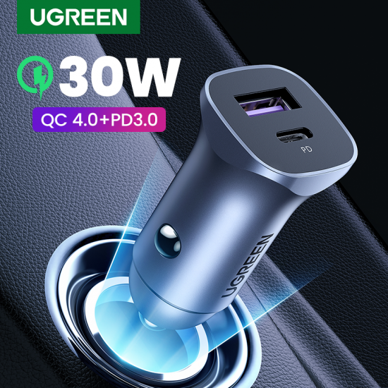  UGreen Car Charger Two Ports USB Port and PD Port 30W  Gray