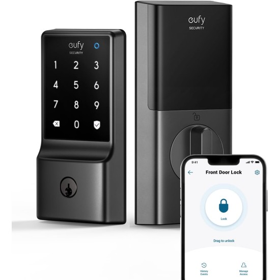 eufy Security C210Smart Lock 5-in-1 Keyless Entry Door Lock Built-in WiFi Deadbolt Smart Door Lock, No Bridge Required,Touchscreen Keypad App Remote Control, BHMA Cert
